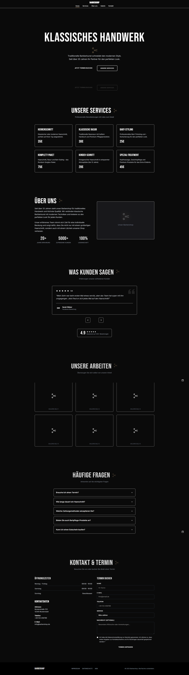Mobile Ansicht von Barbershop Template - Klassisches Template für Friseursalons und Barbershops. Mit Service-Übersicht, Team-Vorstellung und Online-Terminvergabe.