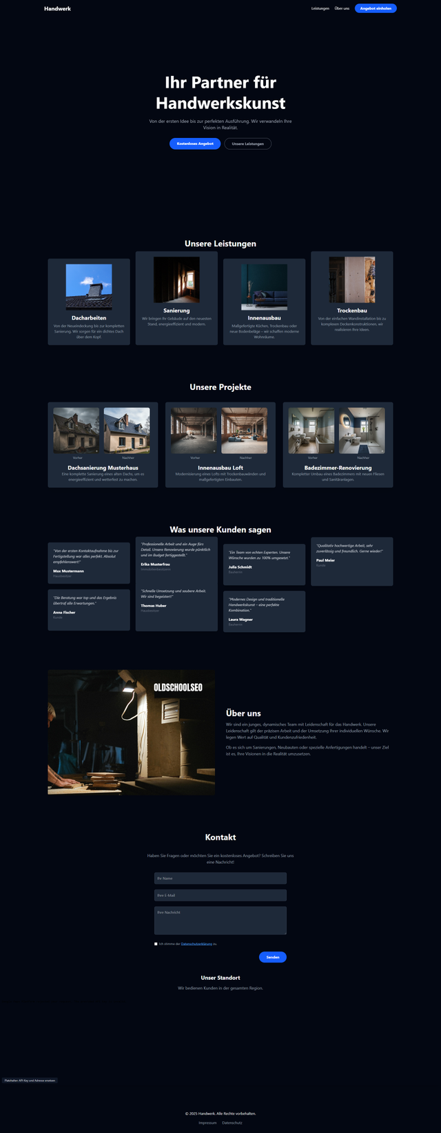 Mobile Ansicht von Handwerk Template - Professionelles Template für Handwerksbetriebe und Dienstleister. Mit Service-Übersicht, Kontaktformular und regionaler Optimierung.