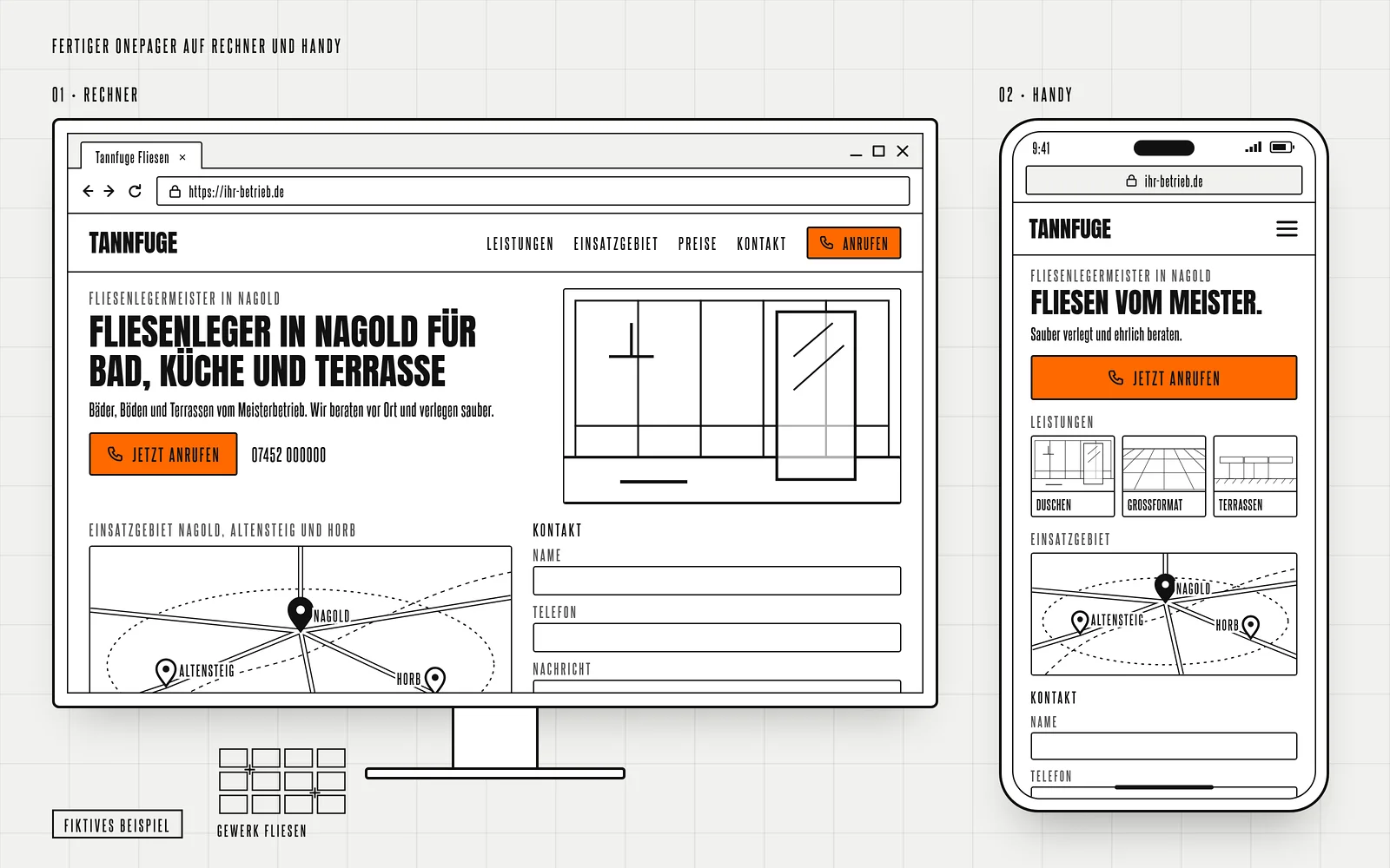 Fertiger Onepager für den fiktiven Fliesenbetrieb Tannfuge, angezeigt auf Handy und Rechner